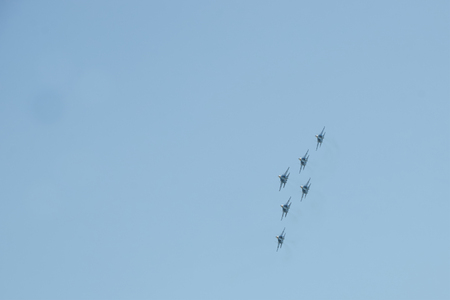 Aviation group "Russian knights" show aerobatics on SU-27 at the air show Kubinka, Moscow region, Russia, may 12, 2018のeditorial素材