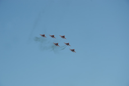 Aviation group "Russian knights" show aerobatics on SU-27 at the air show Kubinka, Moscow region, Russia, may 12, 2018のeditorial素材