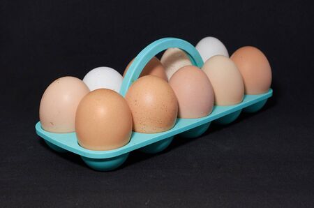 ten chicken eggs on a blue stand close-up on a black background