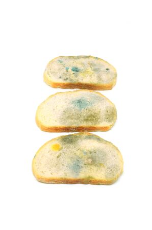three slices of bread covered with mold, isolated on a white background vertical formatの写真素材