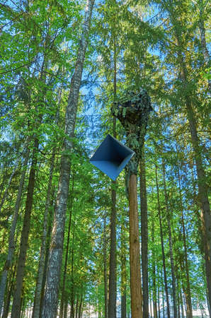 An old loudspeaker hangs on a post with a camouflage net in the forest. Vertical formatの写真素材