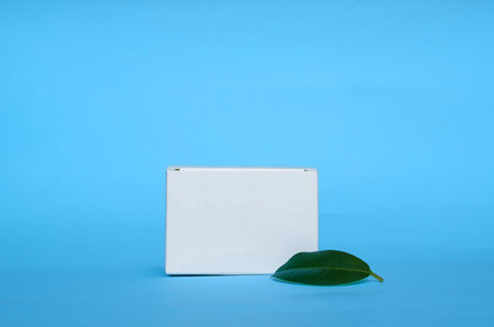 A white cardboard box and a green ficus leaf on a blue background. Copy spaceの写真素材