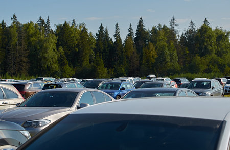 Roofs of cars parked in a field near the forest. Top view.