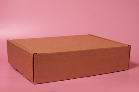 Closed cardboard box on a solid pink background. Mockup, space for text. side view