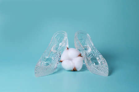 Two souvenir crystal shoes and a dried cotton flower on a blue background. copy spaceの写真素材