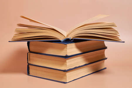 Back to school. A stack of books on a colored background. Copy spaceの写真素材