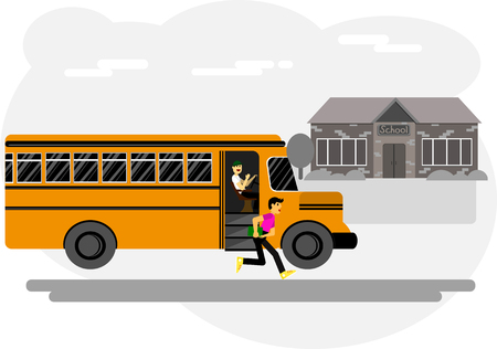 School building, bus and front yard with students children.のイラスト素材