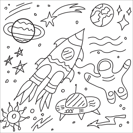 Sketchy hand drawn doodles cartoon set of Space objects and symbolsのイラスト素材