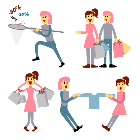 Couple of young people shopping. Young woman with packages. Girl with a net catches discounts.のイラスト素材