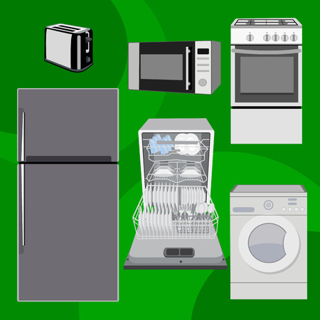 Home electronics appliances dishwasher, refrigerator, toaster, microwave, gas stove, washing machine illustration flatのイラスト素材