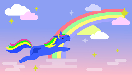 Magic Unicorn flies across the sky with a rainbow and clouds.のイラスト素材