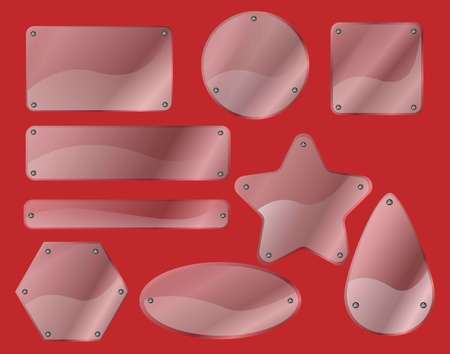 Set of transparent glass plates. Square shape, rectangle and round circle, oval, star, drop. Look through the layout with mounts. Plastic banners with reflection and shadow.のイラスト素材