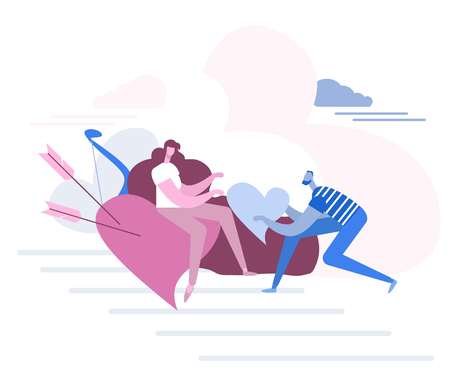 Man gives a woman a heart.Concept of love. 14 february. Valenine day. Love and relationship. Poster, card. Flat design, vector illustrationのイラスト素材