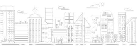 Monochrome urban landscape, ityscape with residential houses and shops drawn with contour lines on white background. Vector illustration in lineart styleのイラスト素材