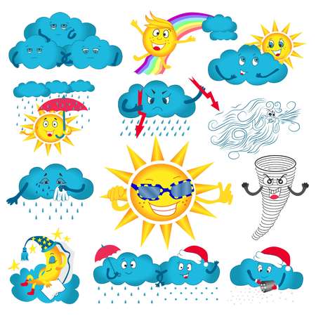 Cute sun and happy clouds. Cute weather set. Emotional weather forecast.のイラスト素材