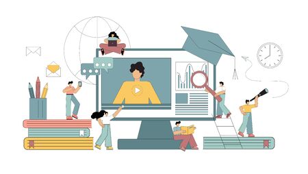 Online learning at home, e-learning concept. Flat people study remotely using the Internet and other modern gadgets. Vector isolated illustration on a white background in pastel colors.のイラスト素材