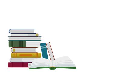 Stack of books and open book. Full color vector illustration isolated on white background.のイラスト素材
