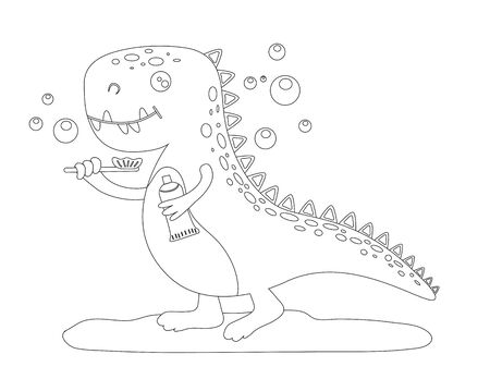 Silhouette of a cute baby dinosaur who brushes his teeth. Linear drawing of a dinosaur. Vector isolated illustrationのイラスト素材