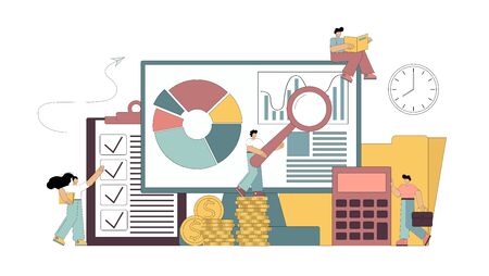 Consulting auditor audit financial reporting concept. Flat people study the documentation, count on the calculator, make a report on the work done. Vector isolated illustration.のイラスト素材
