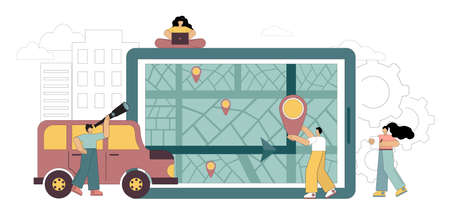 Online map, navigator, mobile application, online car rental. Flat people determine the route....