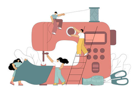 Clothing design tailoring concept. Flat men create clothes on a sewing machine. Vector illustration...