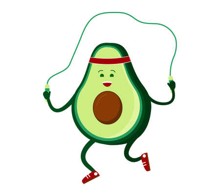 Cute avocado jumping rope. go in for sports. Healthy food, healthy lifestyle, vegetarianism. Vector isolated illustration on white background.のイラスト素材