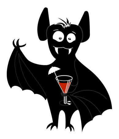 Cute black bat with a glass. Halloween character. Vector isolated illustrationのイラスト素材