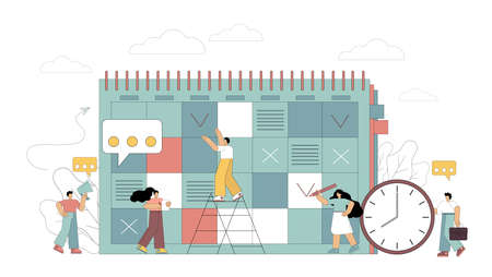 Planning concept. Little people business meetings, calendar schedule, events, organize office work. Flat vector illustration isolated on white background.のイラスト素材