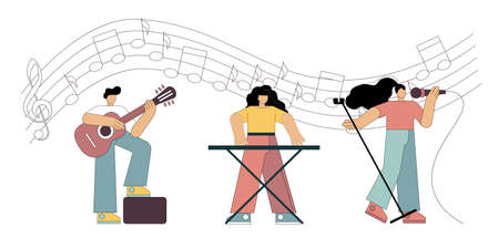 Singer and musicians. Little people play in a group against the background of notes. Flat vector illustration.のイラスト素材