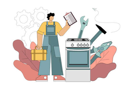 Repairman and gas stove concept. Repairman concept. Worker in the form of repairing household appliances with tools and completed list. Repairman occupation. Vector isolated illustration on white background.のイラスト素材