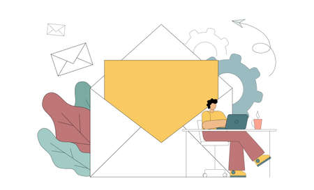 E-marketing, reaching target audience with emails. The flat man is engaged in receiving and sending...
