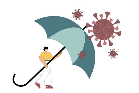 Virus protection, security. A man stands under the protection of an umbrella from a pandemic, coronavirus. Health preservation, finance concept. Vector illustration isolated on white background.のイラスト素材