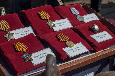 Medals of the Great Patriotic War displayed at the holiday on May 9 2019 in Borisov