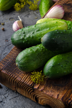 Canned cucumbers on the table. Homemade food.の写真素材