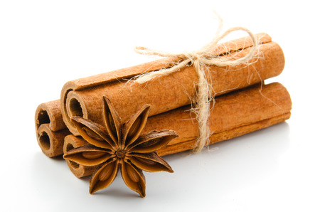 cinnamon stick and star anise spice isolated on white background closeupの写真素材