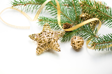 Christmas background. New year. 2017. tree, gold, cones, ornaments. White space placeの写真素材