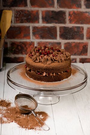 Chocolate cake with berries and cocoa powder on white wooden background. Authentic.の写真素材