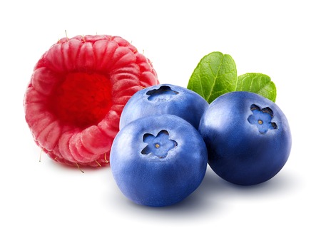 raspberry with blueberry wild berries isolated with leaves on white background clipping path close up macroの写真素材