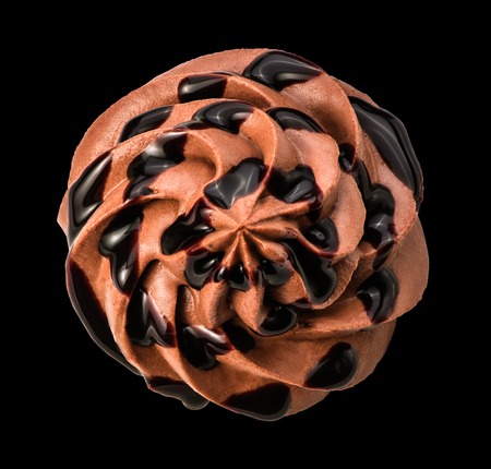 Chocolate frozen yogurt with chocolate sauce on black background with clipping path. Whipped cream. Mascarpone. Macro. Top view.の写真素材