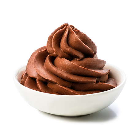 Bowl of chocolate whipped cream isolated on white background with clipping path. Macro.の写真素材