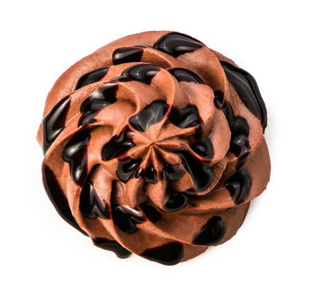 Chocolate frozen yogurt with chocolate sauce on white background with clipping path. Whipped cream. Mascarpone. Macro. Top view.の写真素材