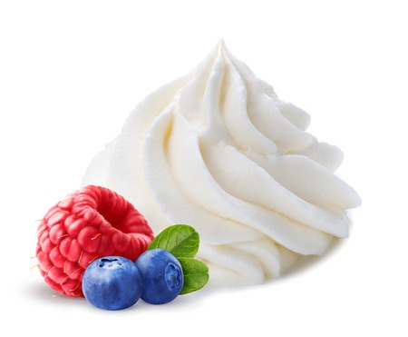 Whipped cream with berries isolated on white background. Mascarpone.の写真素材