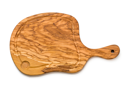 Cutting board. Olive wooden board isolated on white background. Top view.の写真素材