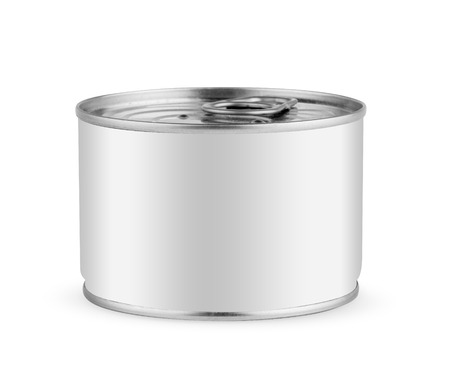 White blank tincan silver metal Tin Can with key, canned Food. Isolated on white background. Ready for your design. Real product packing.の写真素材