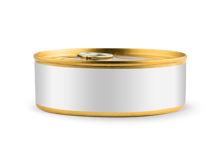 White blank tincan gold metal Tin Can with key, canned Food. Isolated on white background with clipping path. Ready for your design. Real product packing. Mockup.の写真素材