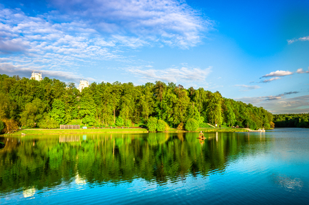 Big Pond Tsaritsyno in Moscow, Russia. Sunset.の写真素材