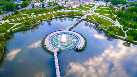 Aerial view of Tsritsyno lake with a fountain - Moscow city in Russia.の写真素材