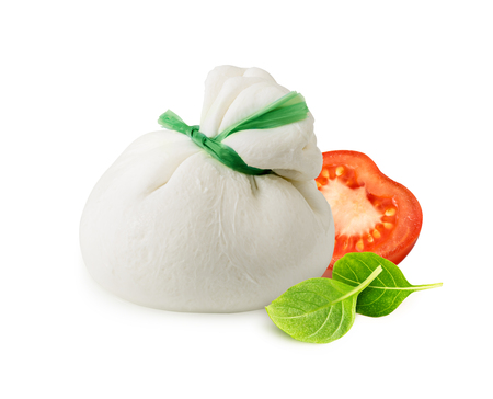 Burrata cheese with tomato and basil leaves isolated on white background with clipping path. Fresh italian cheese made from mozzarella and cream.の写真素材