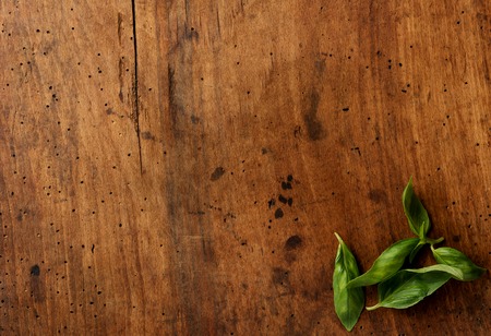 Cooking background with garlic, basil leaves. Top view.の写真素材