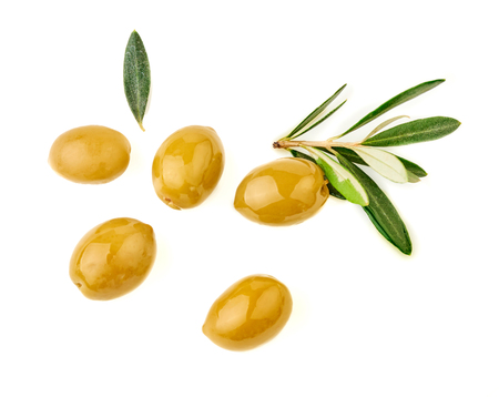 Olives with branch of olive tree on white backgroundの写真素材